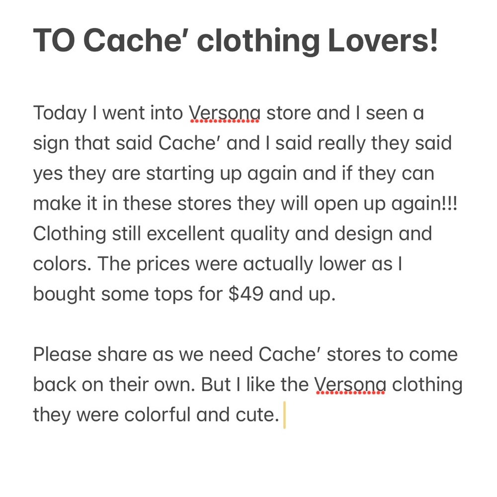Cache’ is at Versona stores